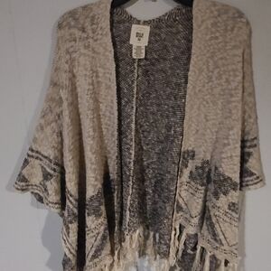 Cream and Gray Knit Cardigan with Fringe